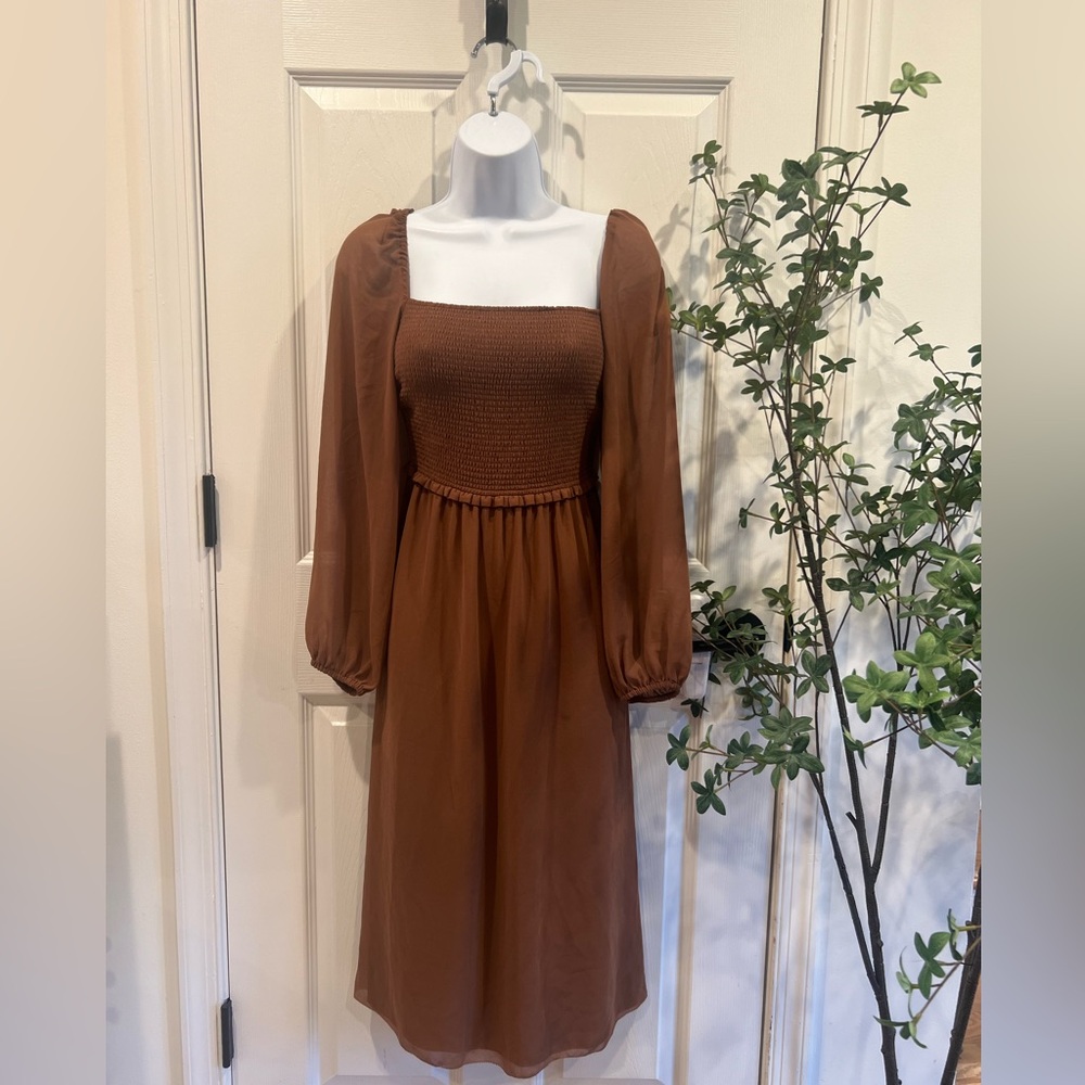 Aritzia Wilfred Chocolate Long Sleeve Smocked Midi Dress